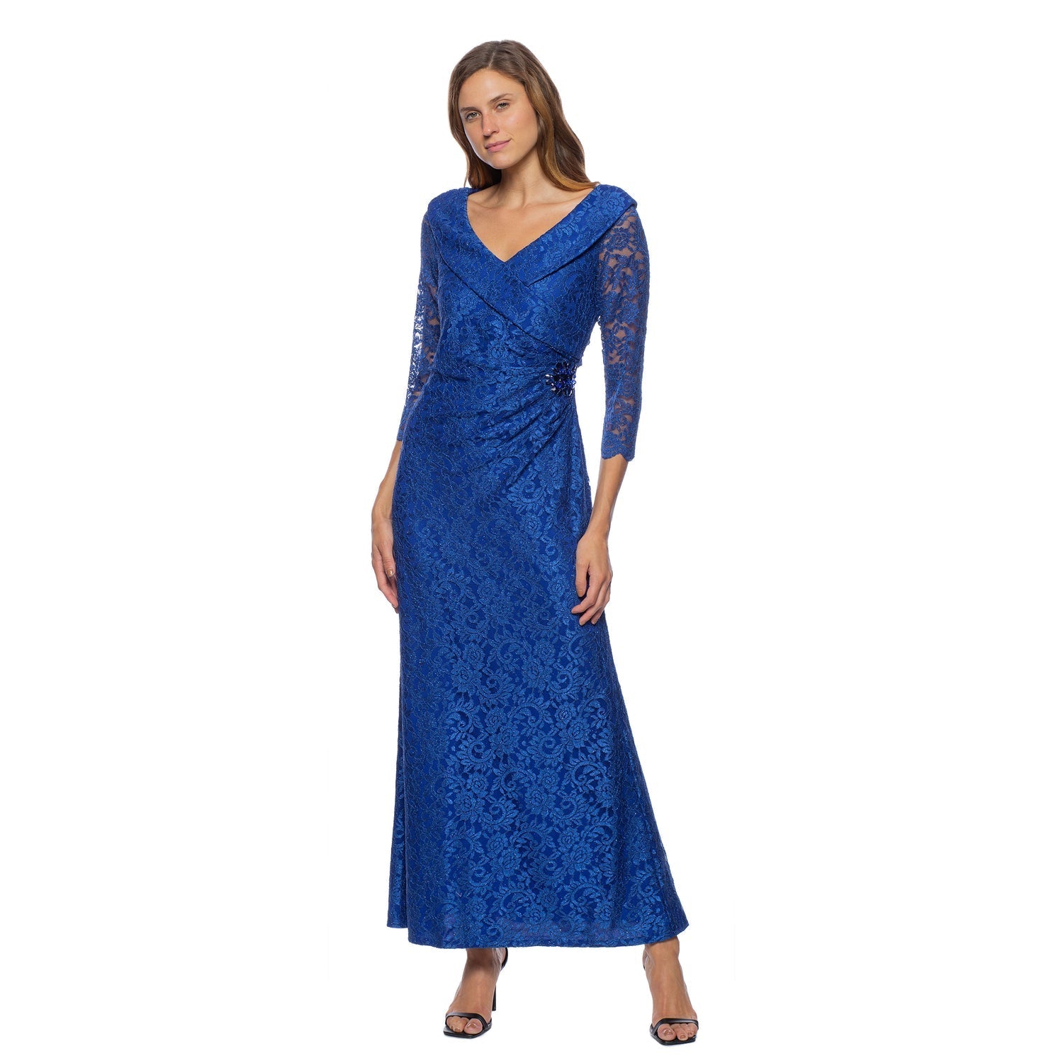 Marina Long V Neck Shirr Lace Dress