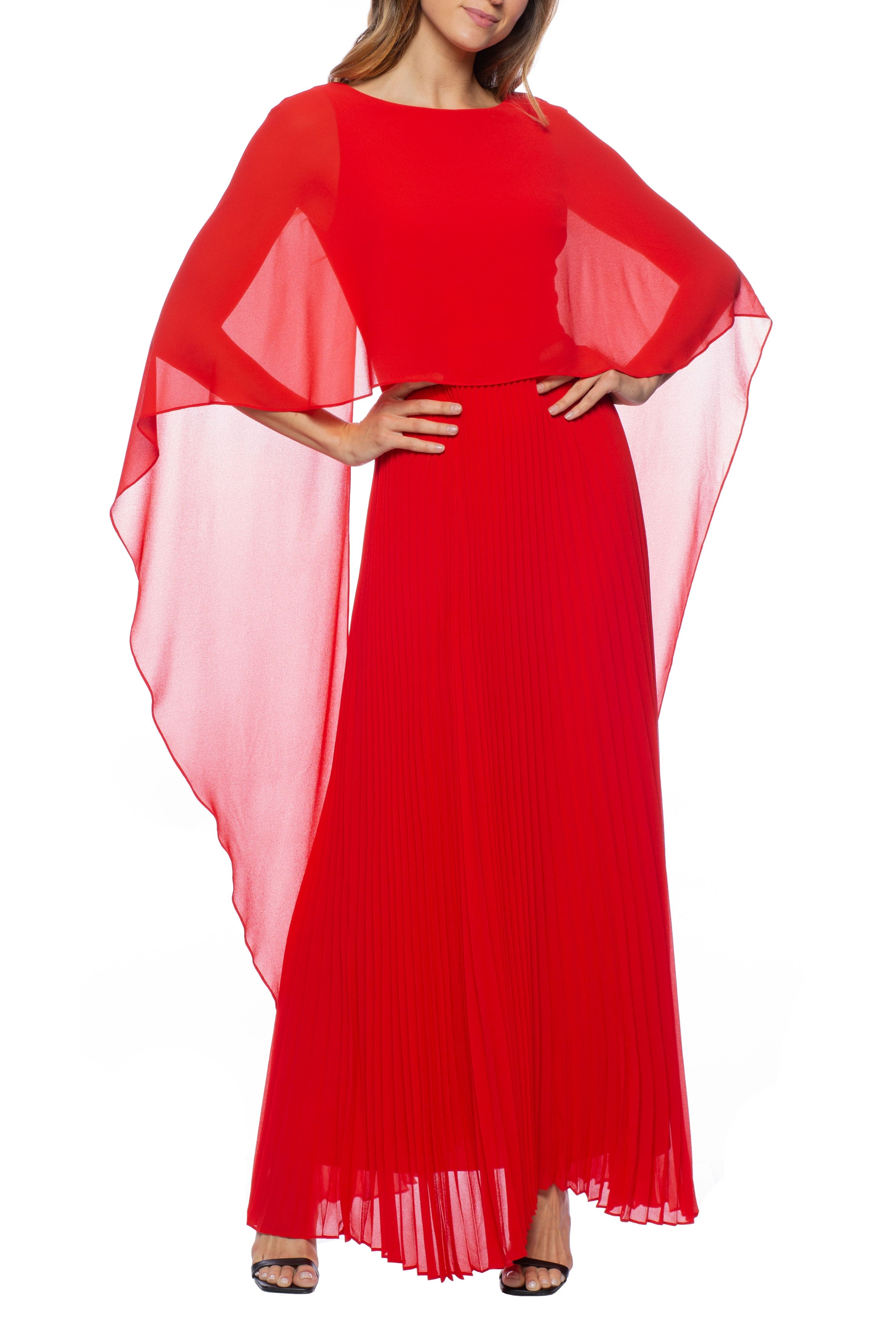 Marina Long Capelet Pleated Chiffon Dress