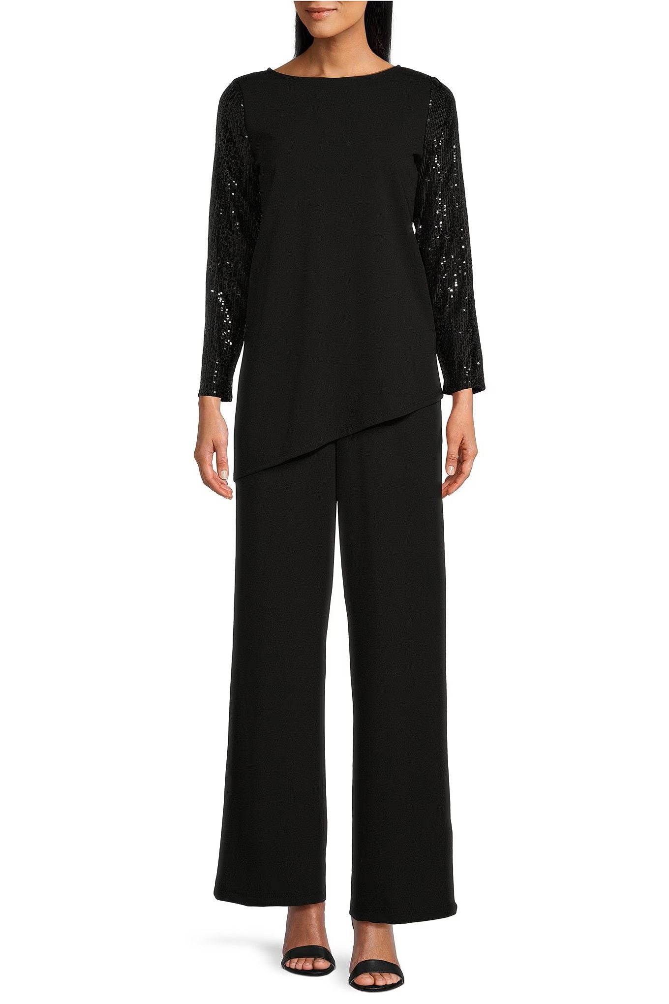Marina Sequin Sleeves Pullover Scuba Crepe Pant Set