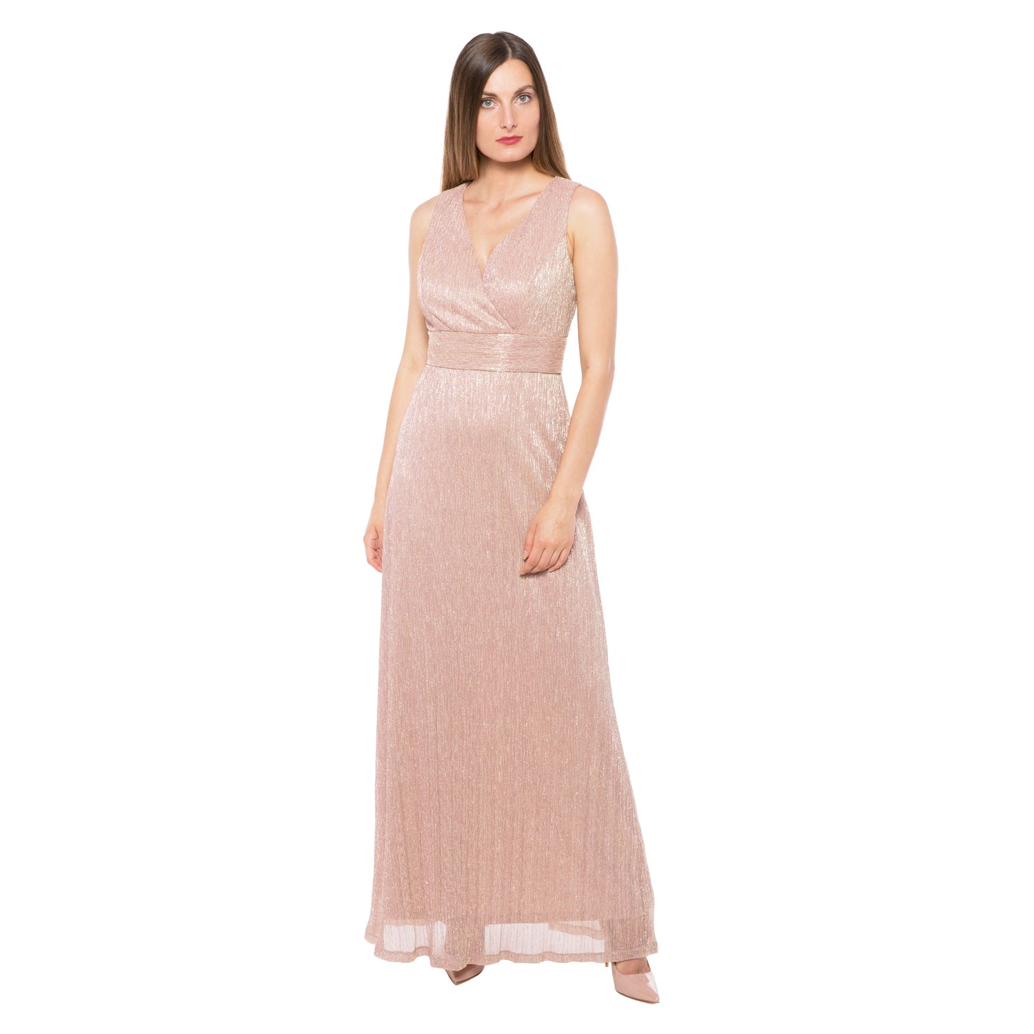 Marina Long Pleated Metallic Waist Shirring Dress