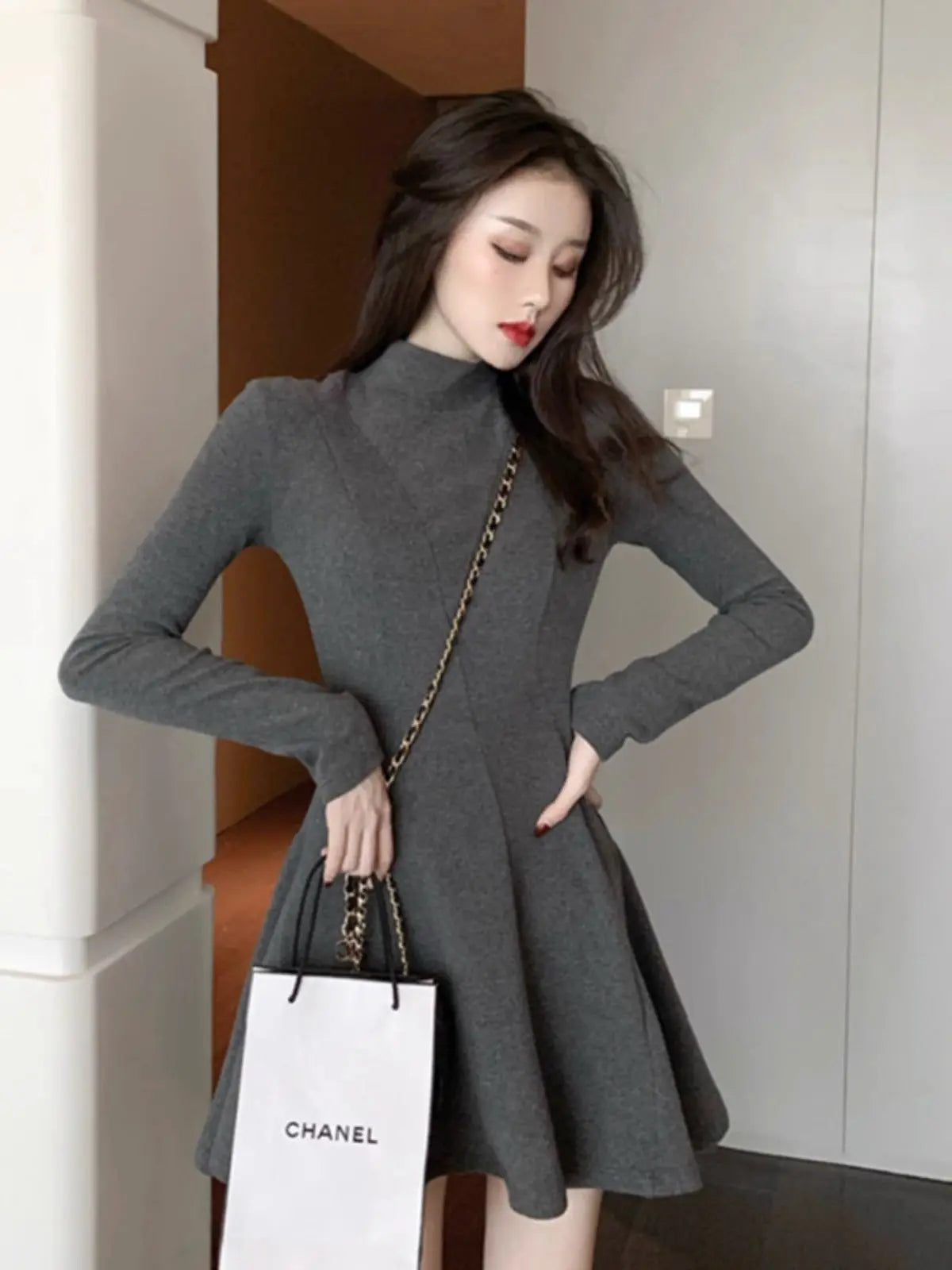 Autumn And Winter Half-high Collar Waist Trimming Short Coat Inner Wear Dress High-grade Bottoming Ladies