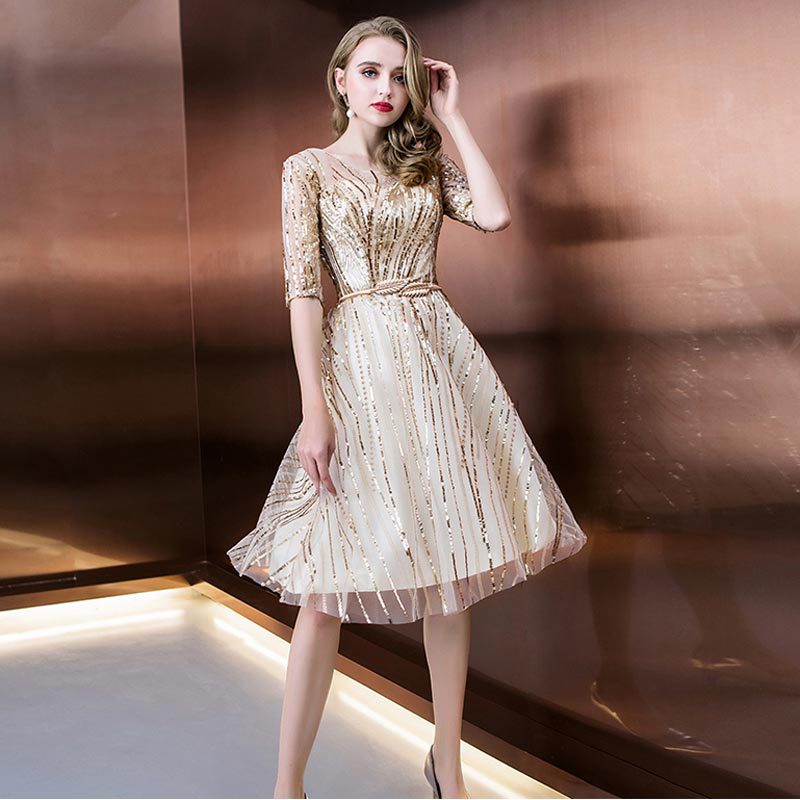 Elegant Short Mid-sleeve Sequin Evening Dress