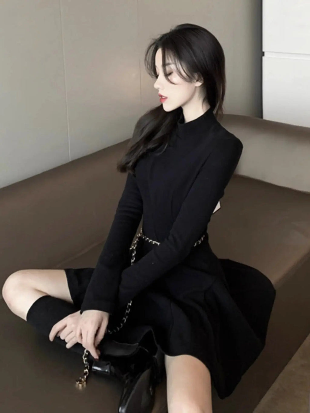 Autumn And Winter Half-high Collar Waist Trimming Short Coat Inner Wear Dress High-grade Bottoming Ladies
