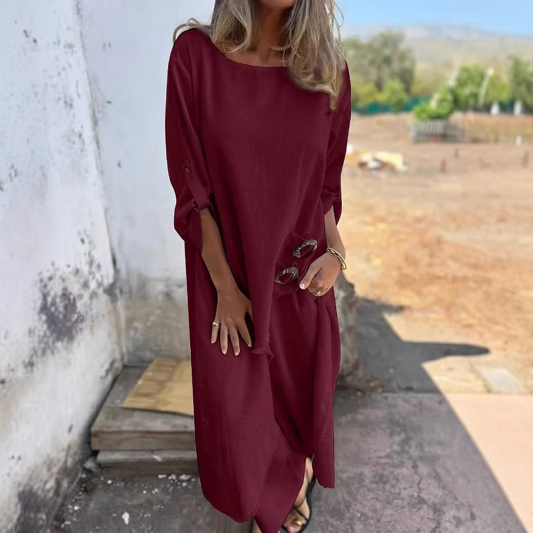 Loose Irregular Long Suit With Metal Button Design Round Neck Long-sleeved Top And Straight Trousers Fashion Wide-leg Pants Women's Clothing fashion suit