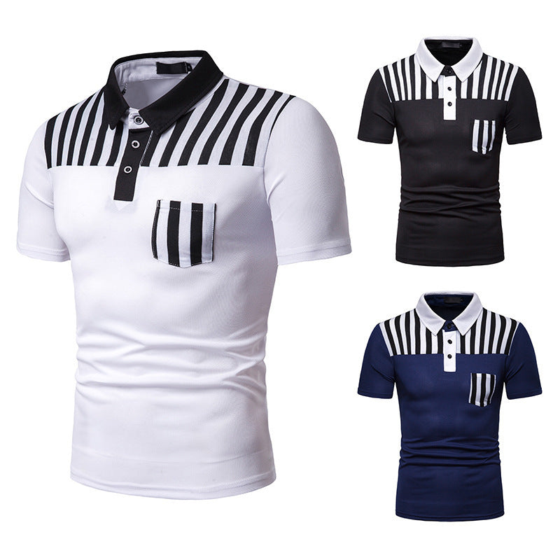 New Summer Men's Striped Stitching European Size Short Sleeve Polot Shirt