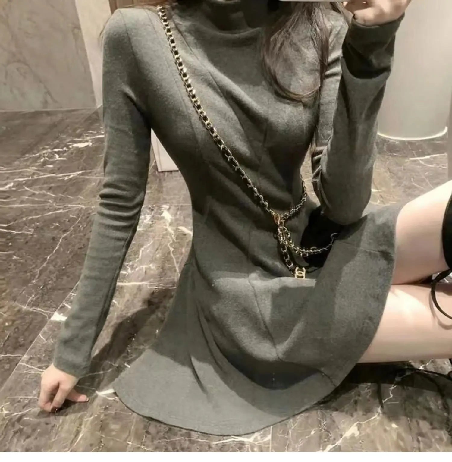 Autumn And Winter Half-high Collar Waist Trimming Short Coat Inner Wear Dress High-grade Bottoming Ladies