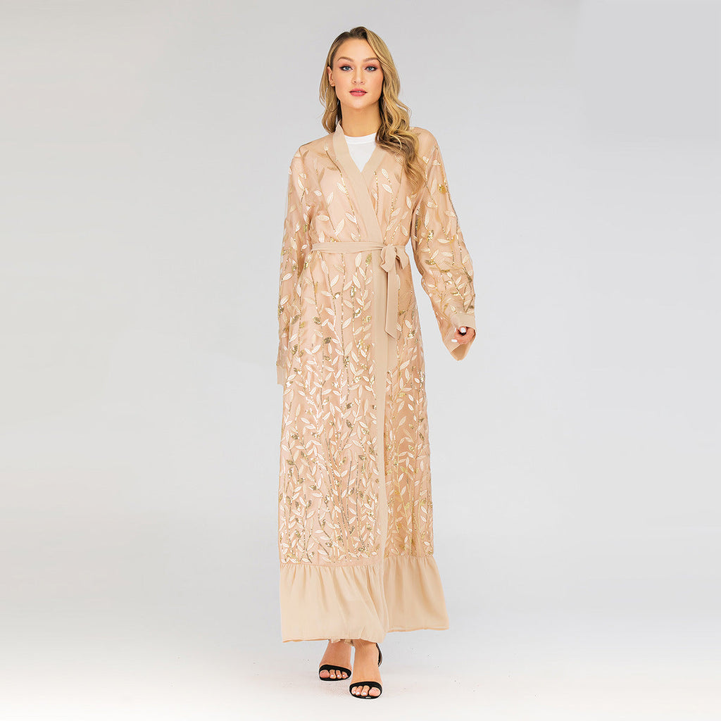 Lace Temperament Cardigan Embroidered Leaves Middle East Sequined Robe