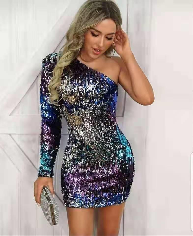 One-shoulder Gradient Sequin Party Evening Dress