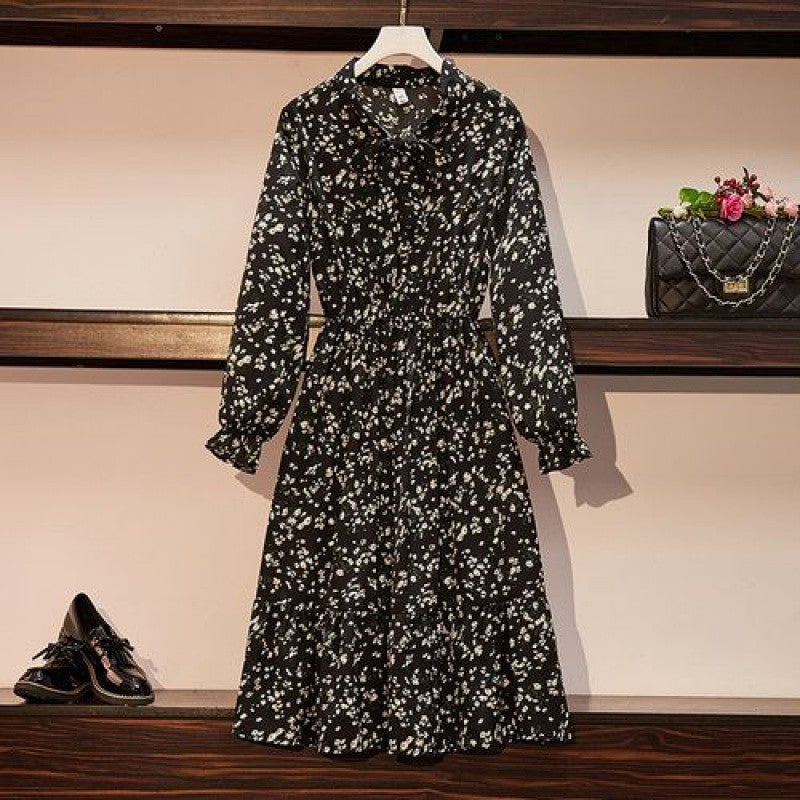 Retro Chiffon Dress Long Sleeved Female Slim Bottoming Floral Skirt