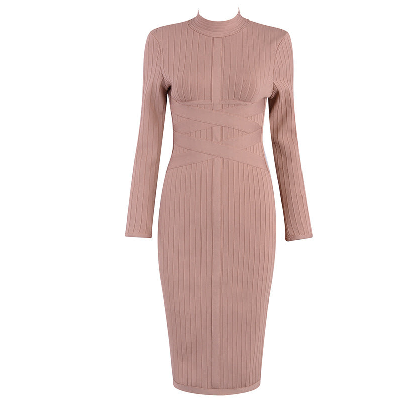 New European And American Fashion Bandage Dress, Long-Sleeved Waist Bag Hip Evening Dress For Women