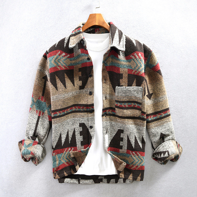 Autumn Winter Japanese Vintage Color Matching Woolen Casual Shirt Men's Coat