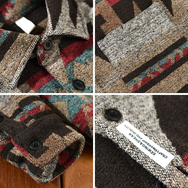 Autumn Winter Japanese Vintage Color Matching Woolen Casual Shirt Men's Coat