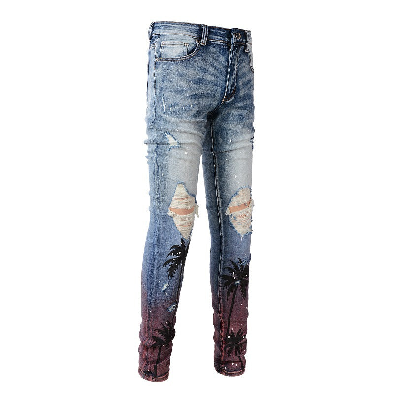 Men's Paint-splashing Style Graffiti Ripped Jeans