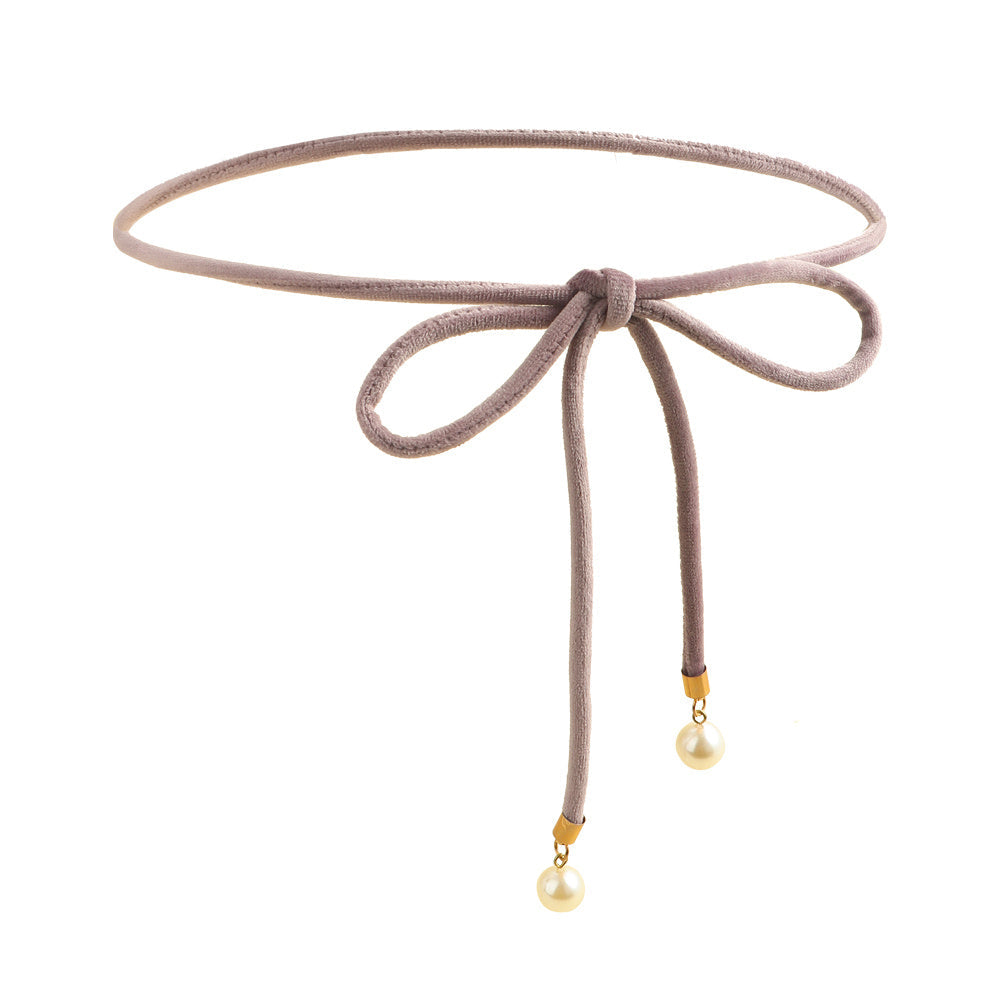 Simple Lady Velvet Bow Thin Waist With Pearl Pendant Multi-color Cute Sweet Waist Belt Chain