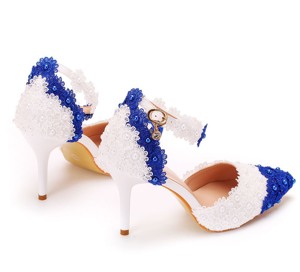 Color Matching Blue And White Lace Flower Banquet Stage Stiletto Sandals