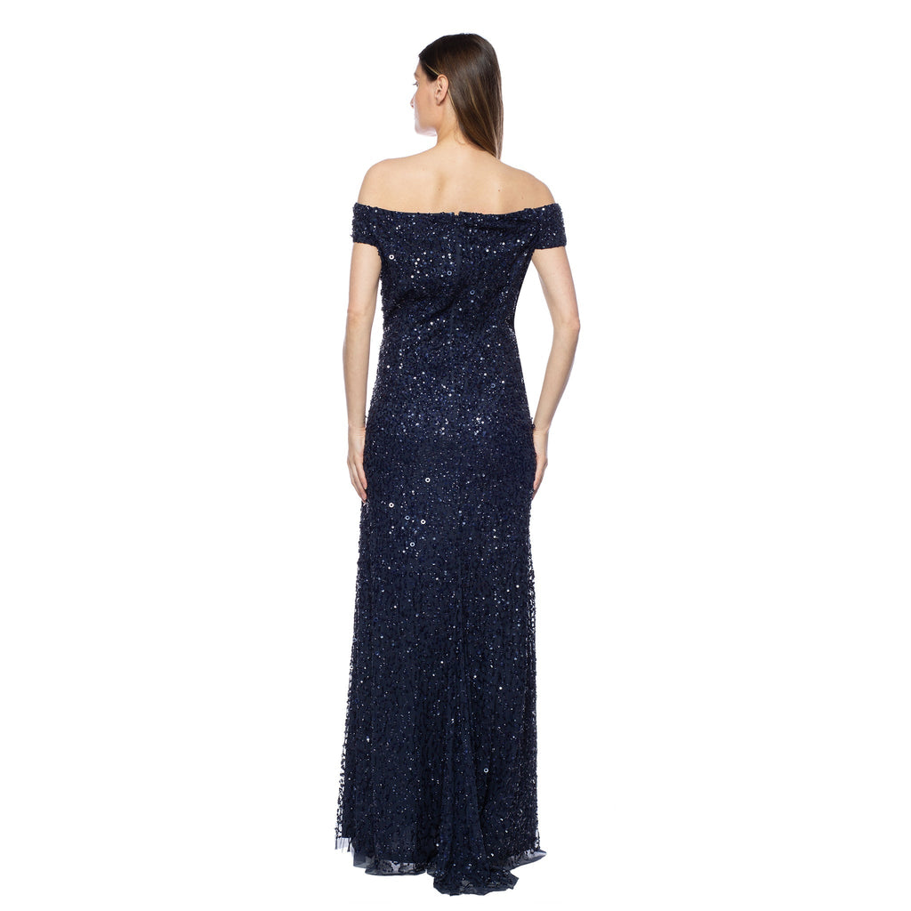 Marina Long Off Shoulder Formal Beaded Dress