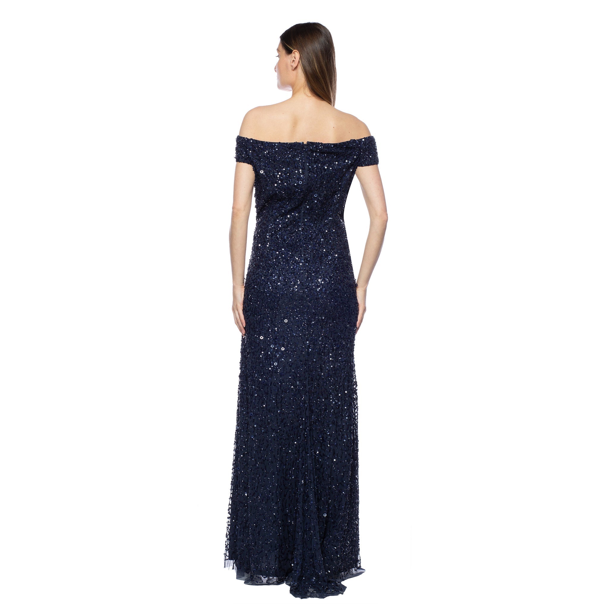 Marina Long Off Shoulder Formal Beaded Dress