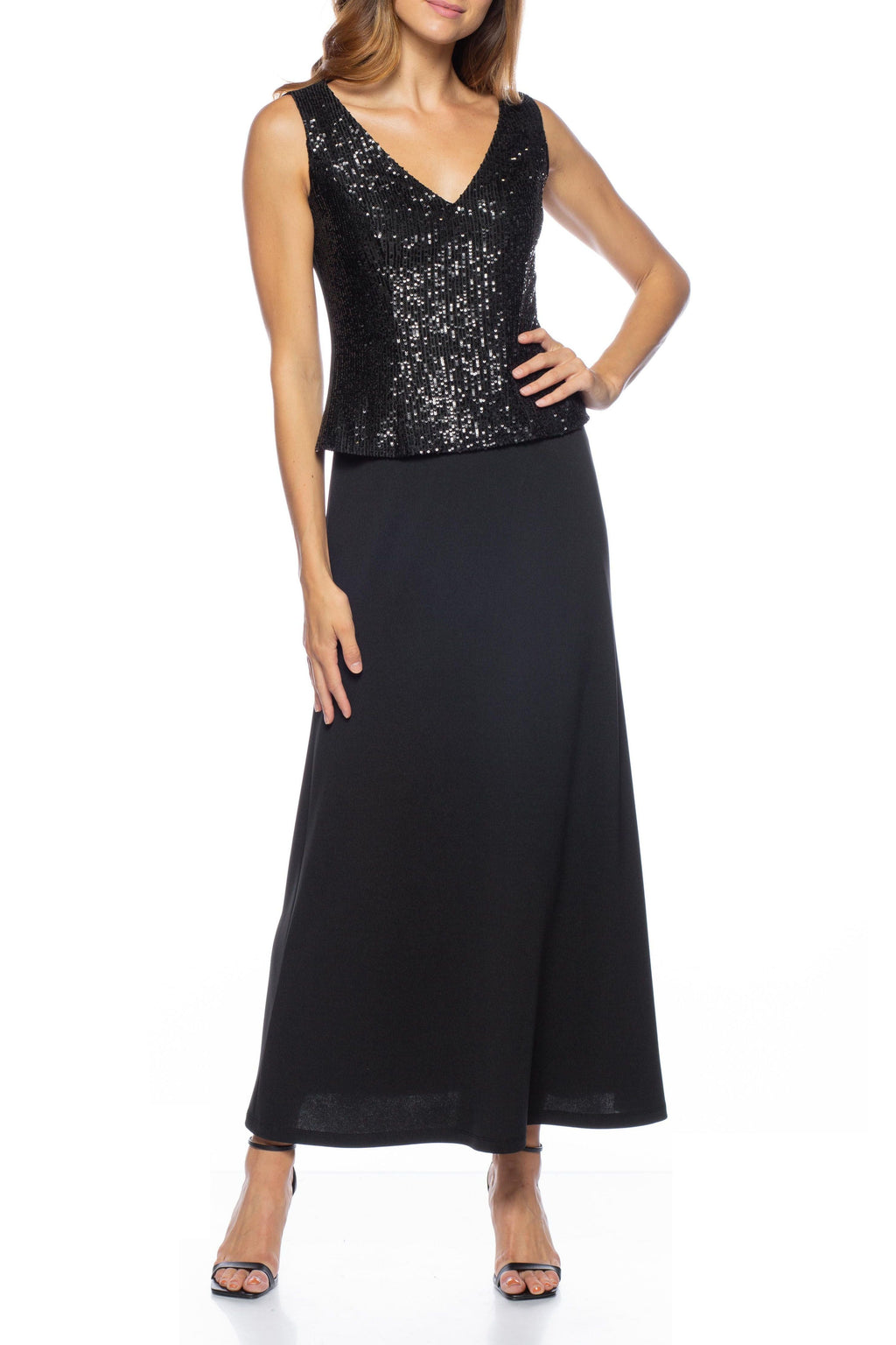 Marina Long V Neck Sequined Dress Jacket Set