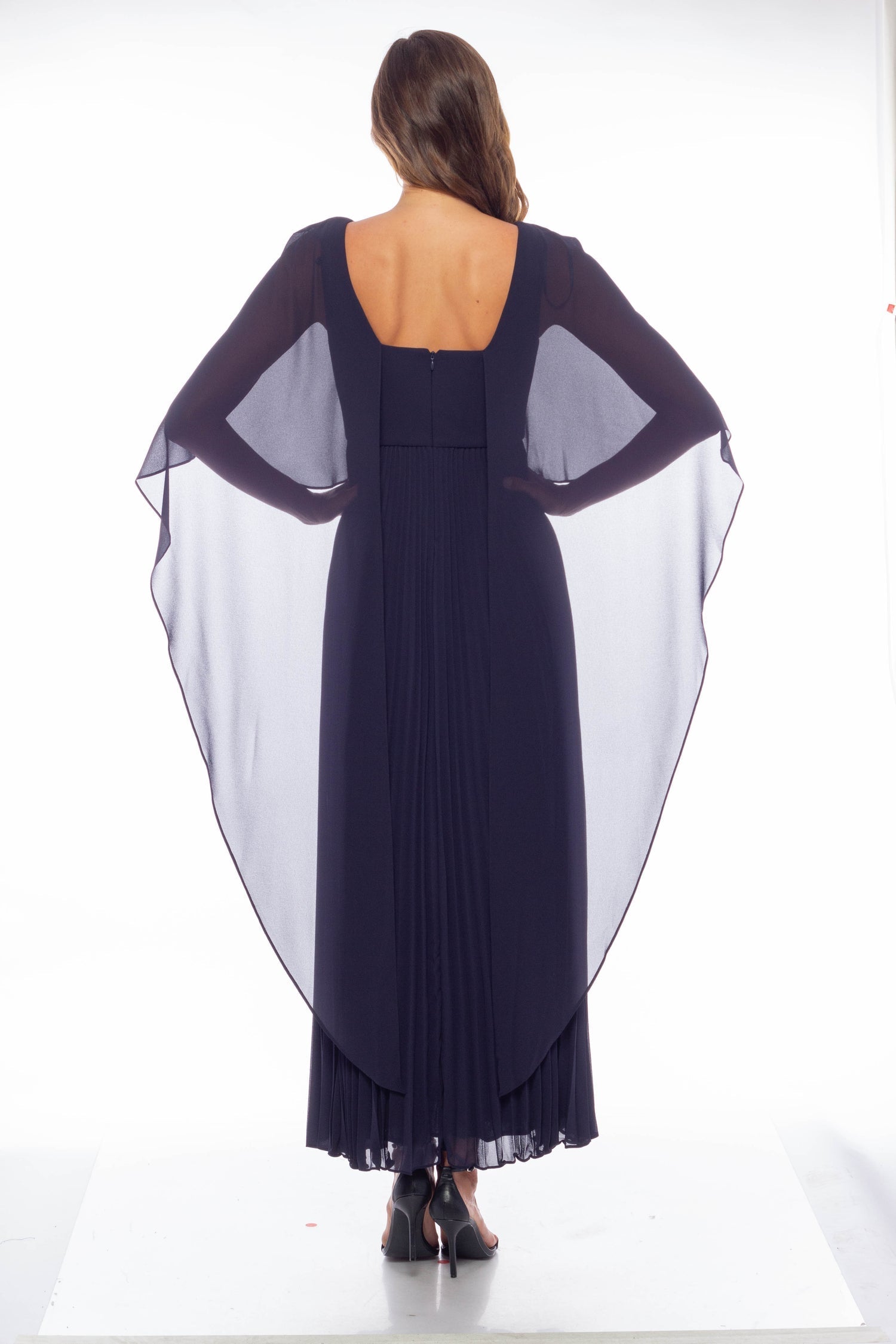 Marina  Long Capelet Pleated Chiffon Dress