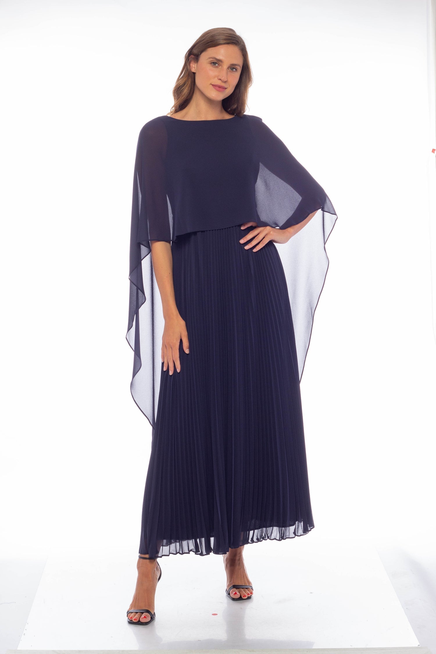Marina  Long Capelet Pleated Chiffon Dress