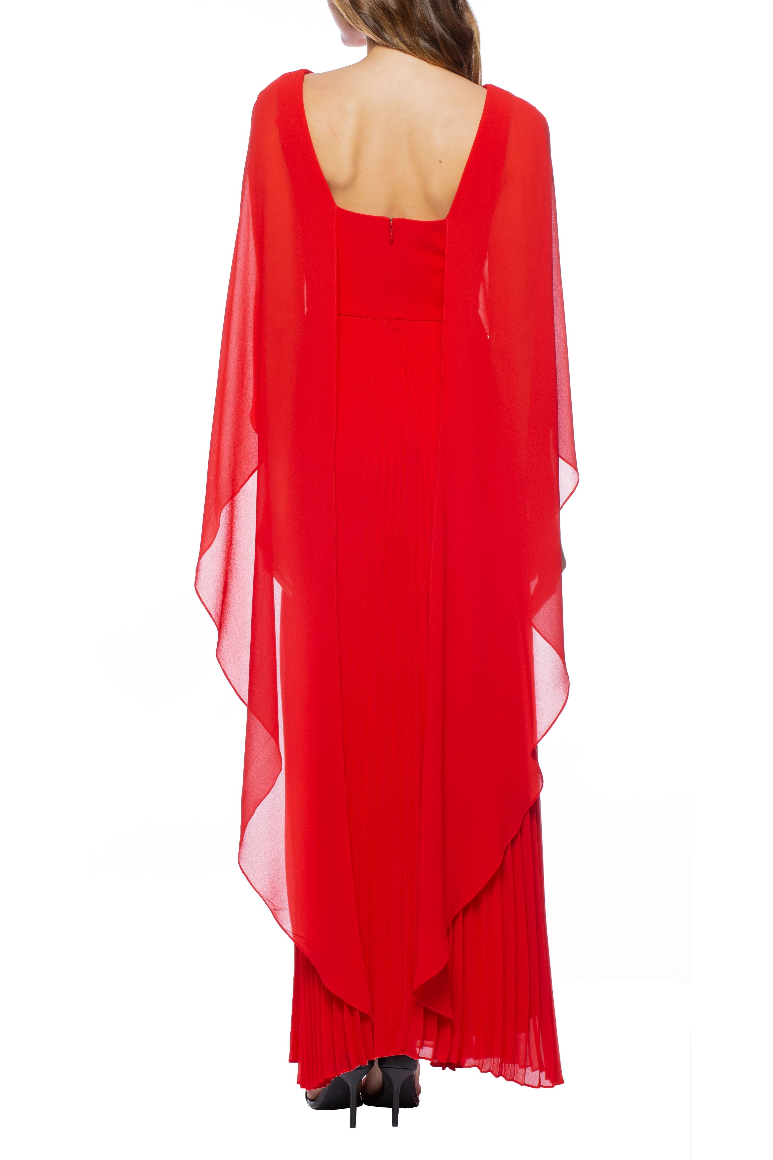 Marina  Long Capelet Pleated Chiffon Dress