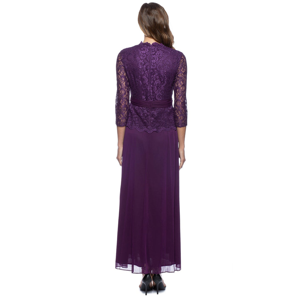 Marina Long 3/4 Sleeve Lace Bodice Formal Dress