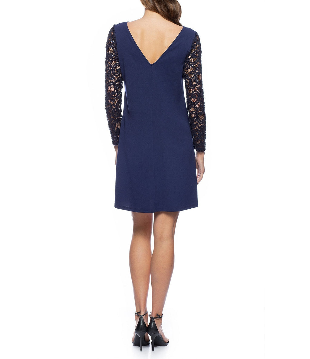 Marina  Short Lace Sleeve V Back Crepe Dress