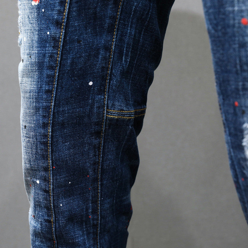 Men's Fashion All-match Ripped Scratched Embroidery Stretch Jeans