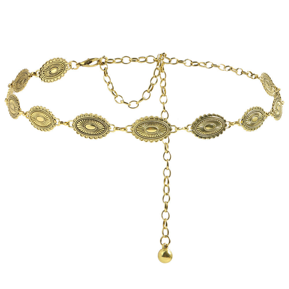 Retro National Style Carved Ancient Gold And Silver Metal Waist Chain Sexy Elegant Women's Dress Senior Sense Decorative Belt