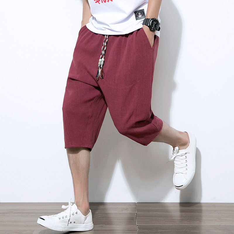 Cropped Linen Casual Solid Color Cotton Linen Harem Pants Loose Men's Pants
