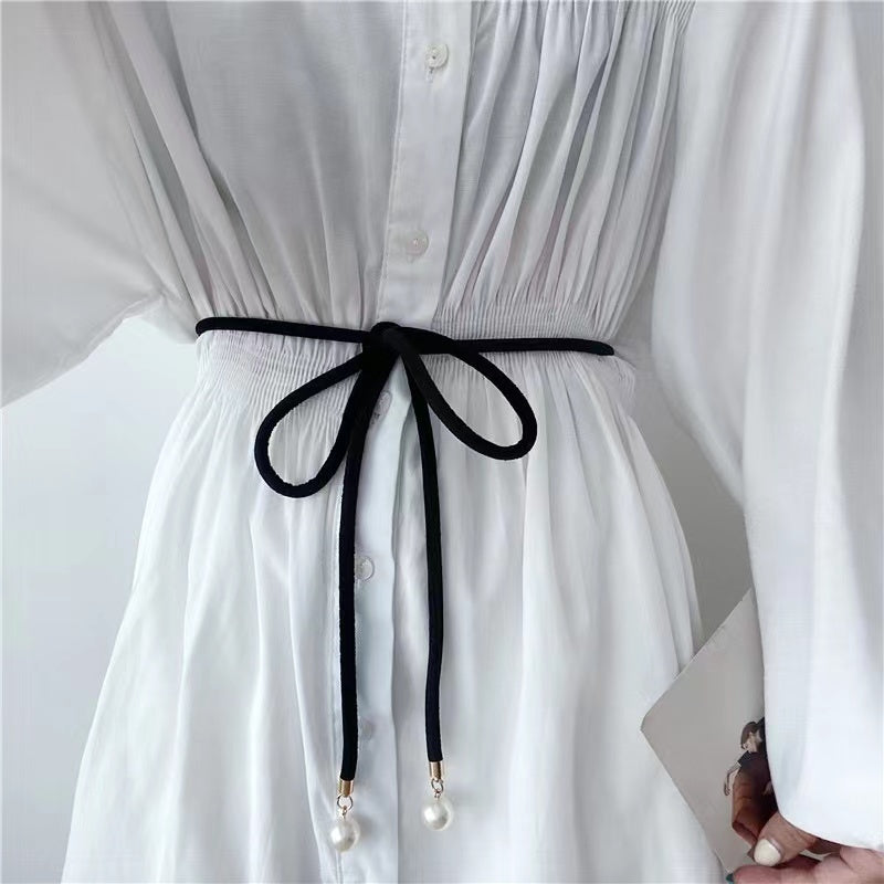 Simple Lady Velvet Bow Thin Waist With Pearl Pendant Multi-color Cute Sweet Waist Belt Chain