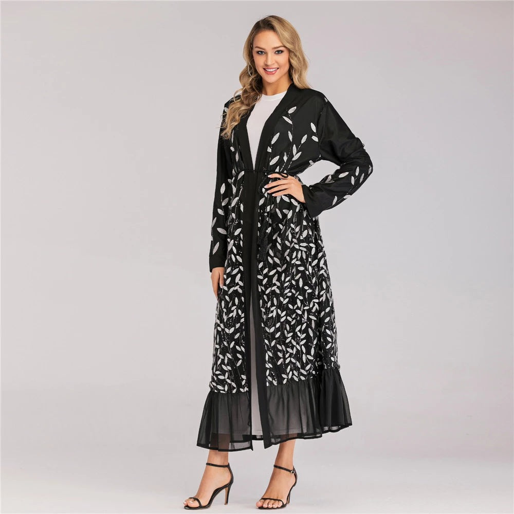 Lace Temperament Cardigan Embroidered Leaves Middle East Sequined Robe