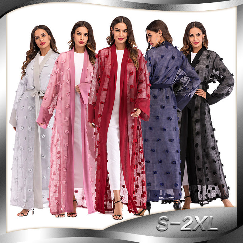 3D Floral Mesh Loose Lace Up Long Sleeved Cardigan Robe For Women