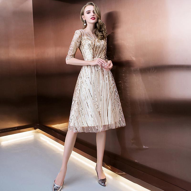 Elegant Short Mid-sleeve Sequin Evening Dress