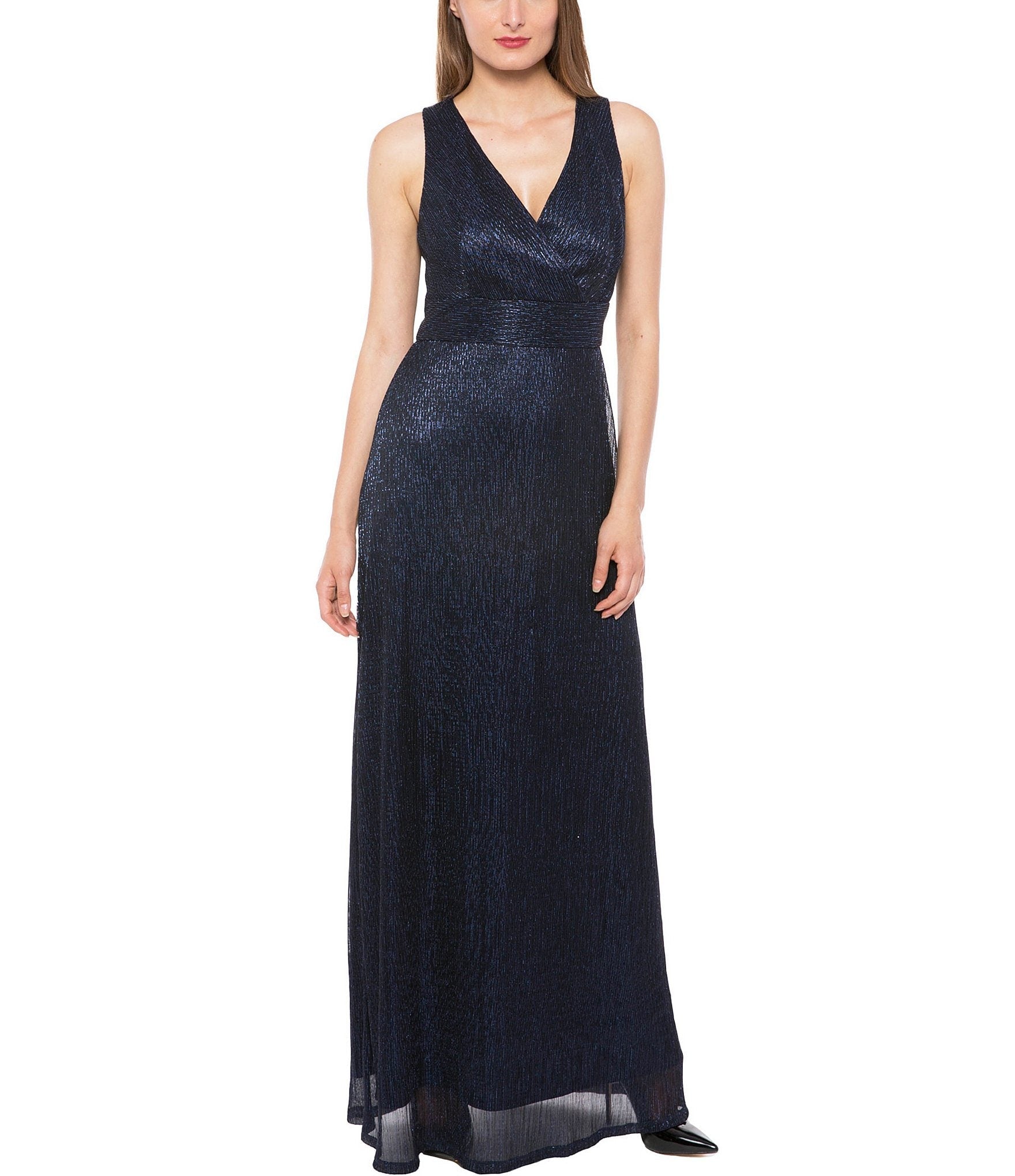 Marina  Long Pleated Metallic Waist Shirring Dress