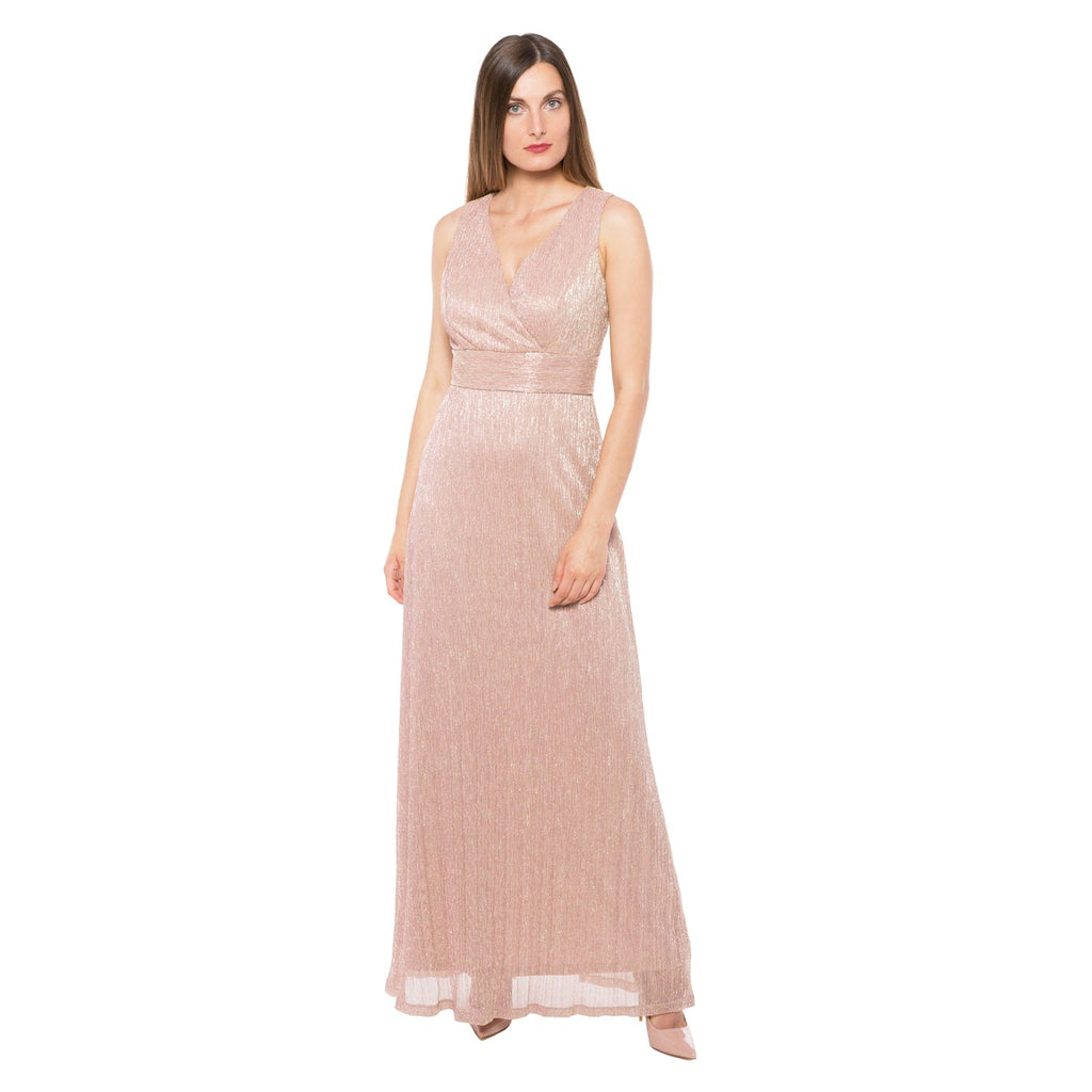 Marina  Long Pleated Metallic Waist Shirring Dress