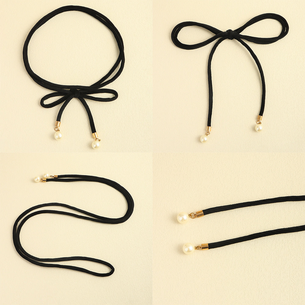 Simple Lady Velvet Bow Thin Waist With Pearl Pendant Multi-color Cute Sweet Waist Belt Chain