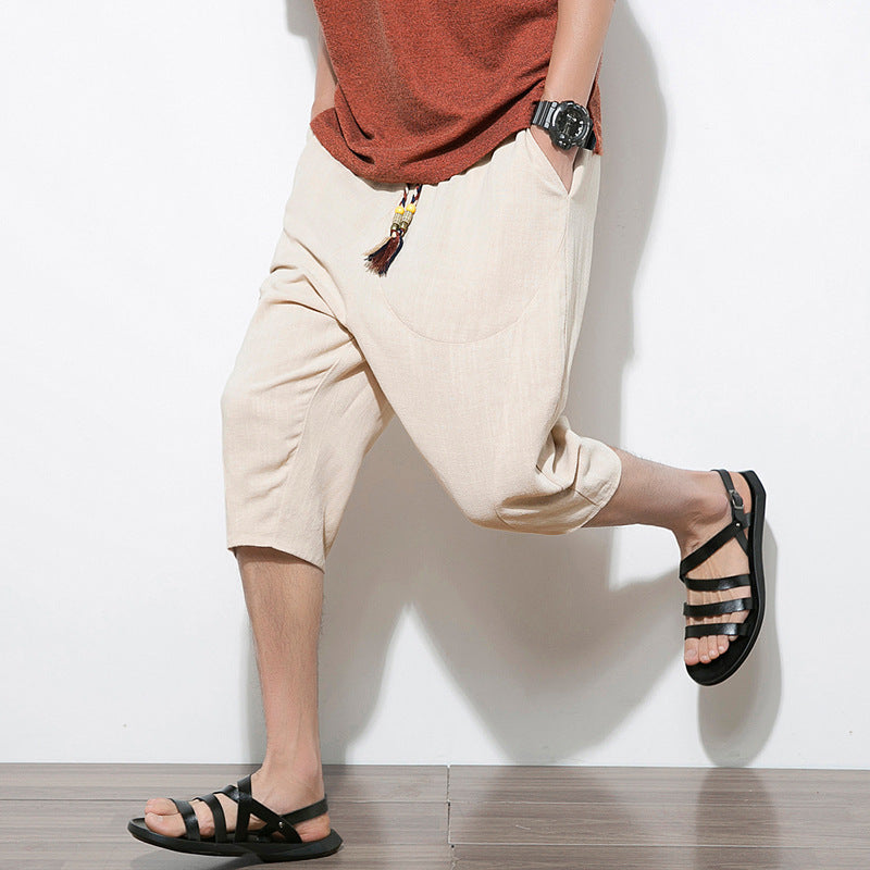 Cropped Linen Casual Solid Color Cotton Linen Harem Pants Loose Men's Pants