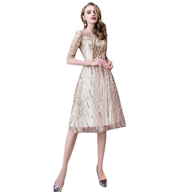 Elegant Short Mid-sleeve Sequin Evening Dress