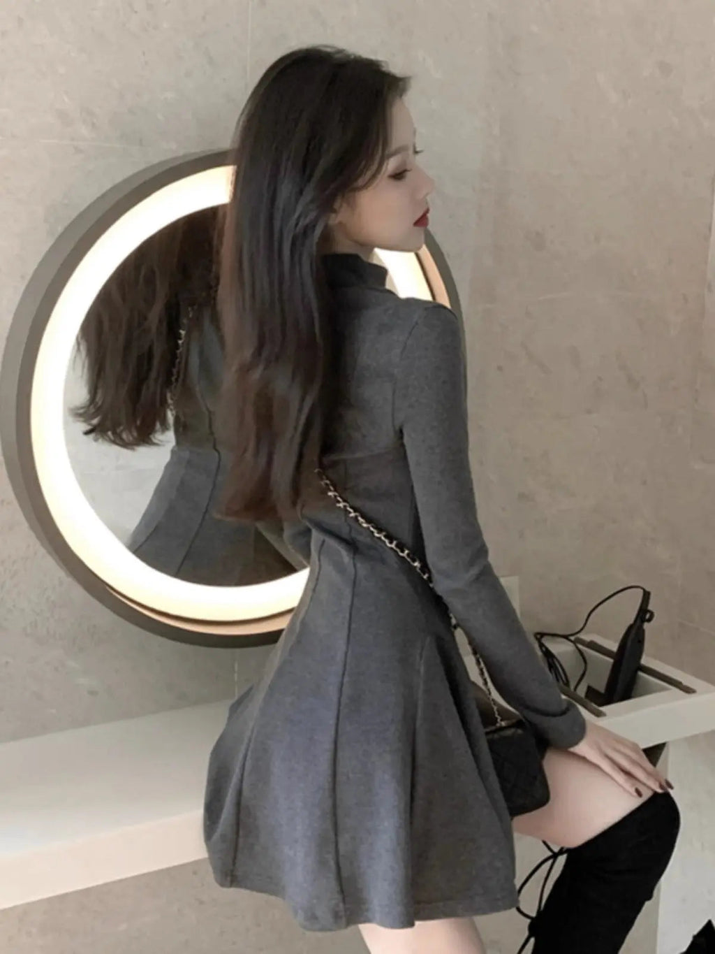 Autumn And Winter Half-high Collar Waist Trimming Short Coat Inner Wear Dress High-grade Bottoming Ladies