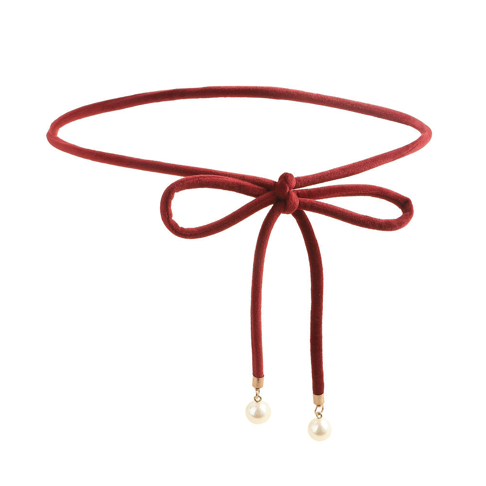 Simple Lady Velvet Bow Thin Waist With Pearl Pendant Multi-color Cute Sweet Waist Belt Chain