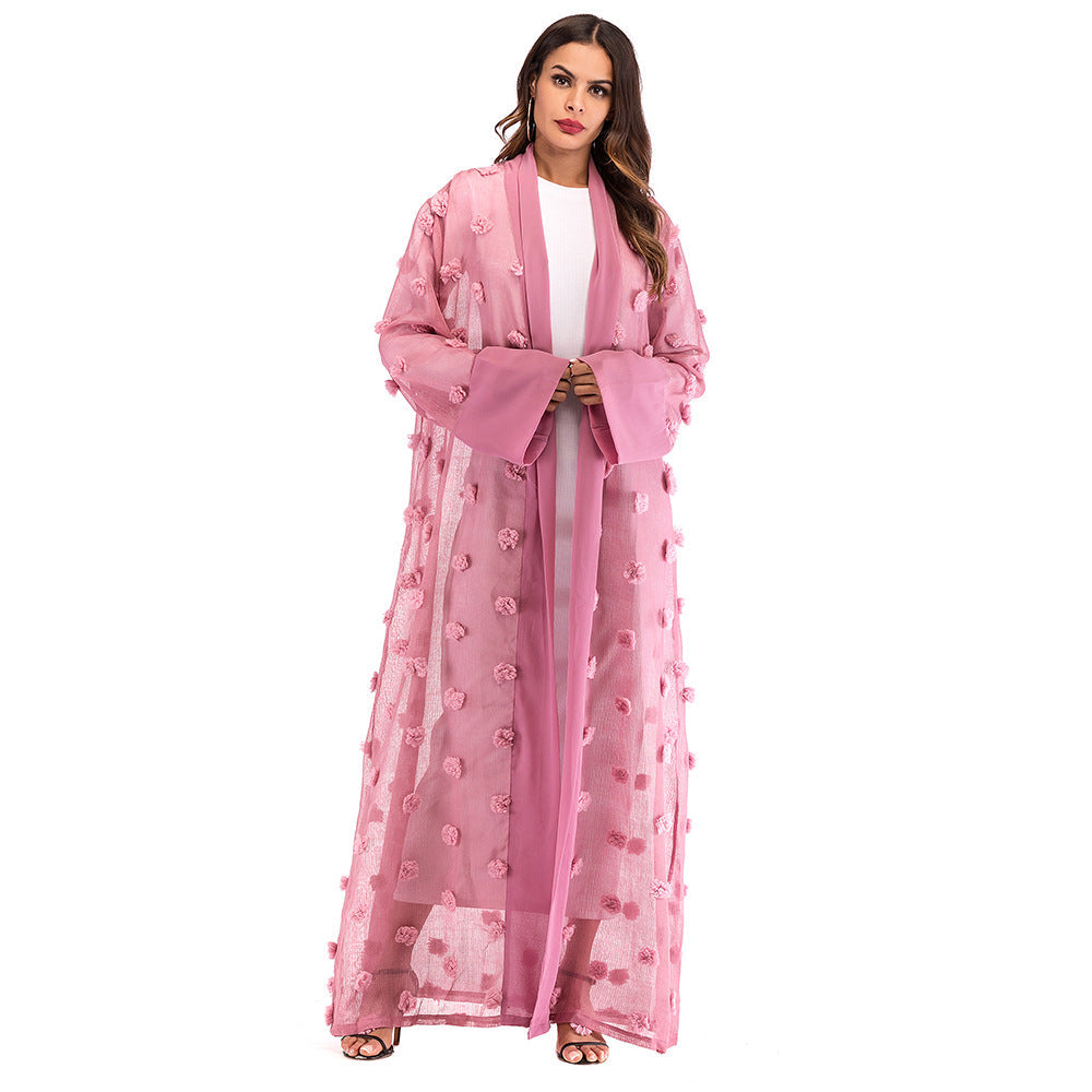 3D Floral Mesh Loose Lace Up Long Sleeved Cardigan Robe For Women