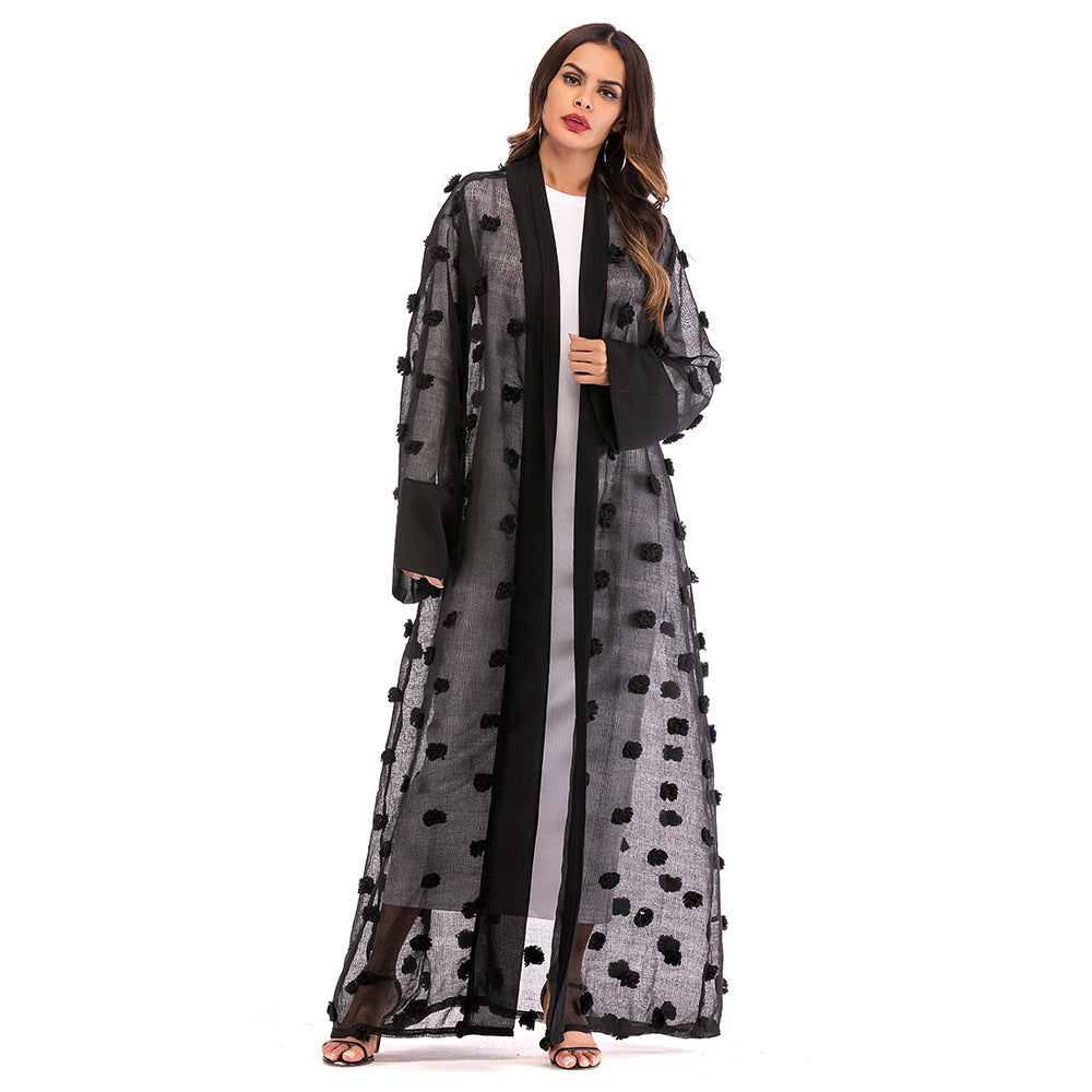 3D Floral Mesh Loose Lace Up Long Sleeved Cardigan Robe For Women