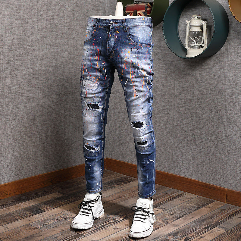 Men's Fashion Casual Splash-ink Hole Patch Jeans