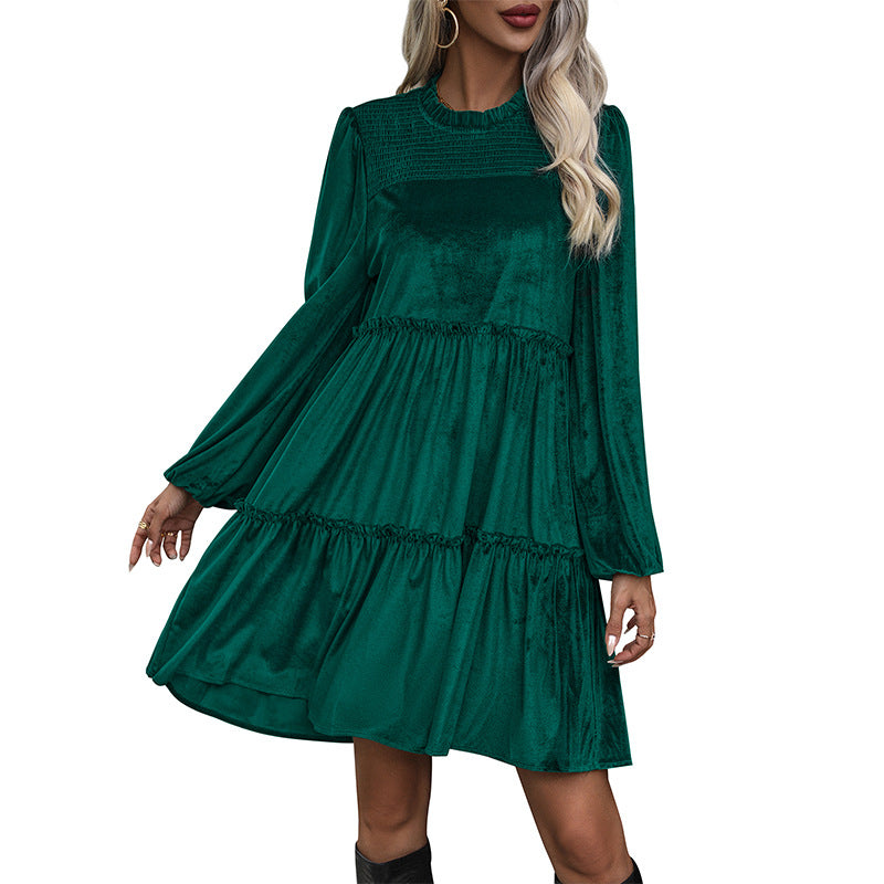 Dark Green Velvet Midi Skirt Ruffled Smocking Women's Skirt