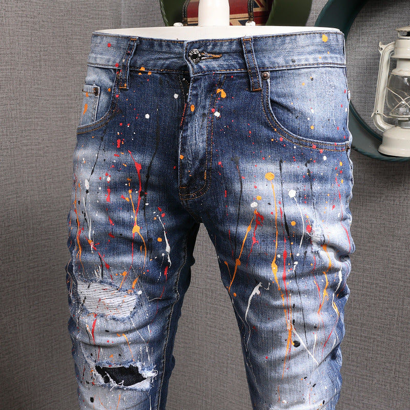 Men's Fashion Casual Splash-ink Hole Patch Jeans