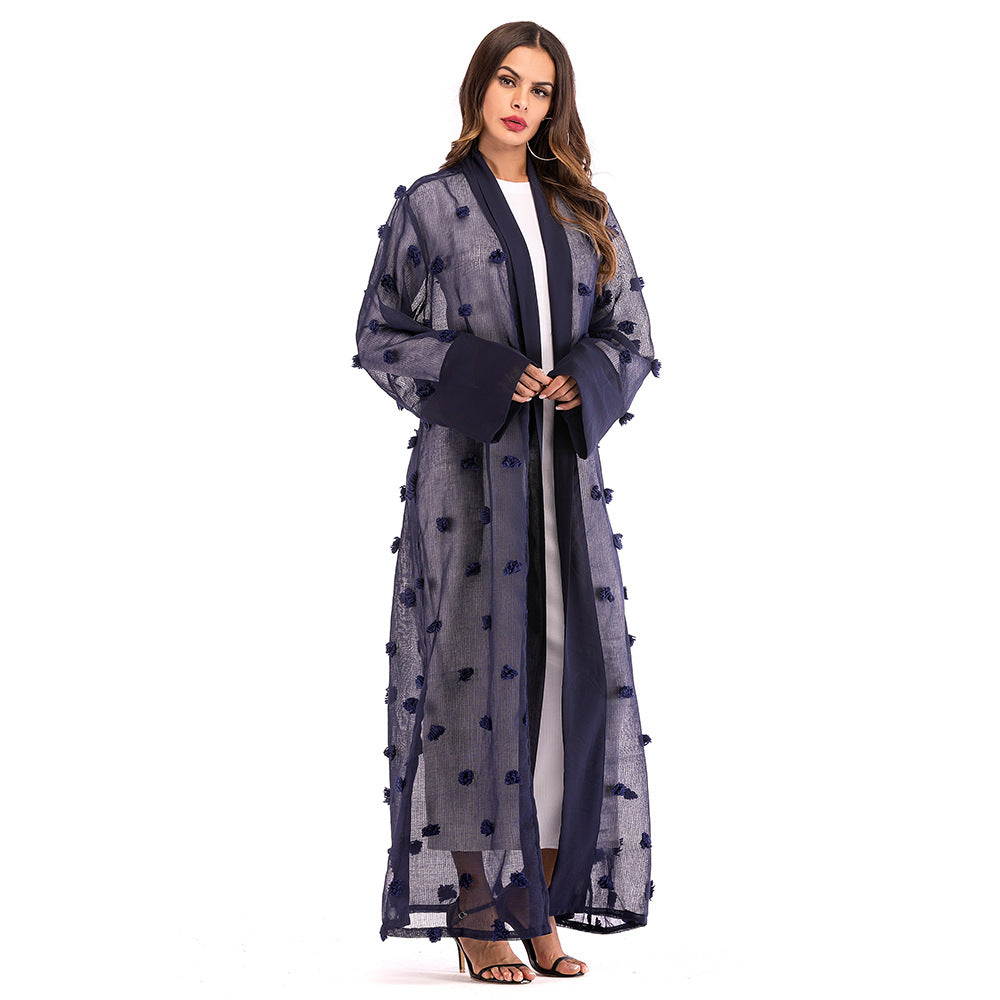 3D Floral Mesh Loose Lace Up Long Sleeved Cardigan Robe For Women