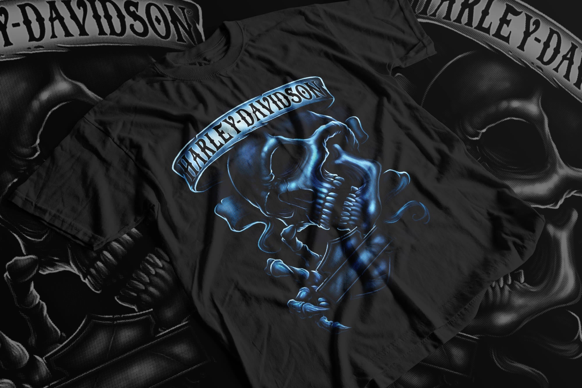Custom Printed Shirts: Harley Davidson Skull Blue