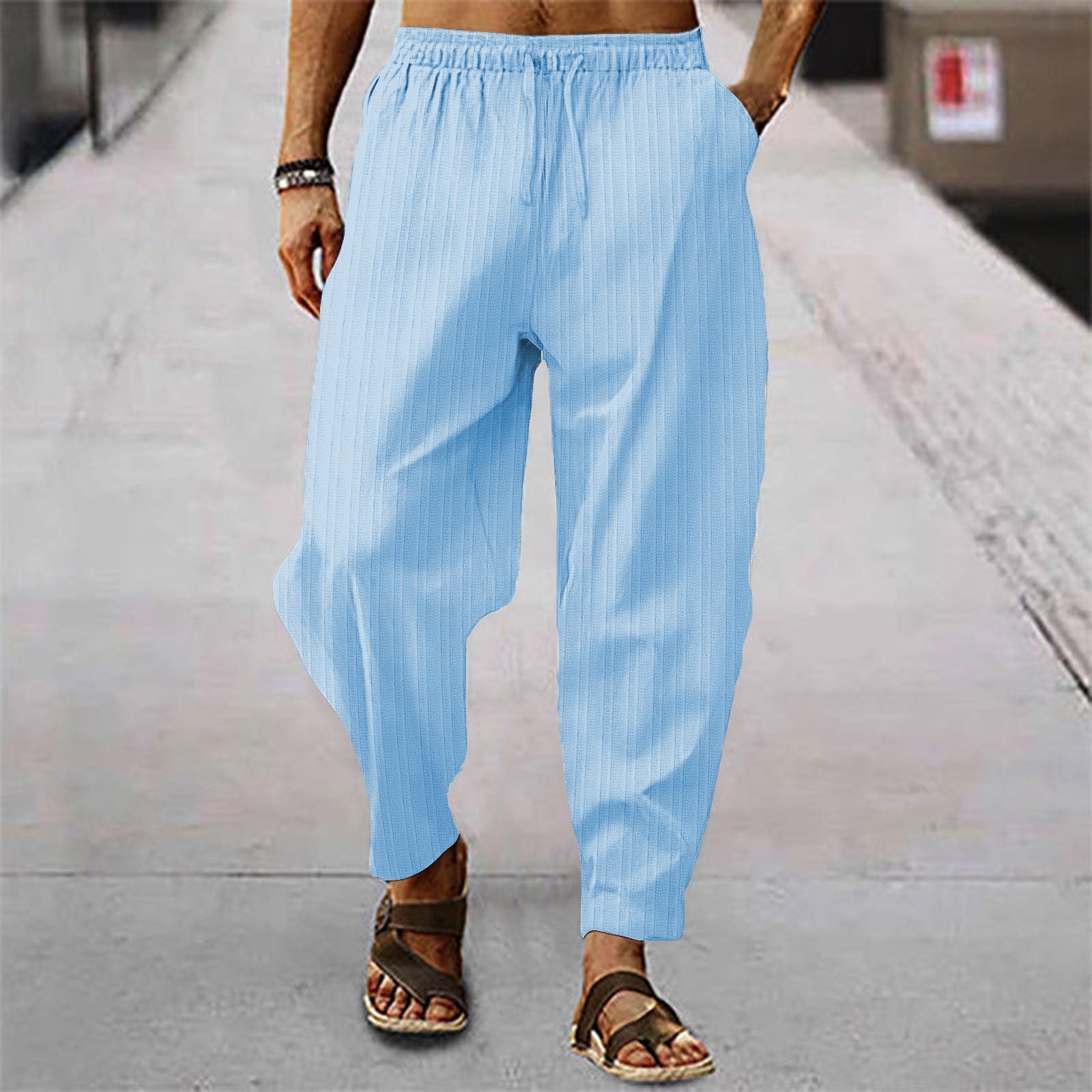 Cotton And Linen Stripes Loose Leisure Sports Trousers