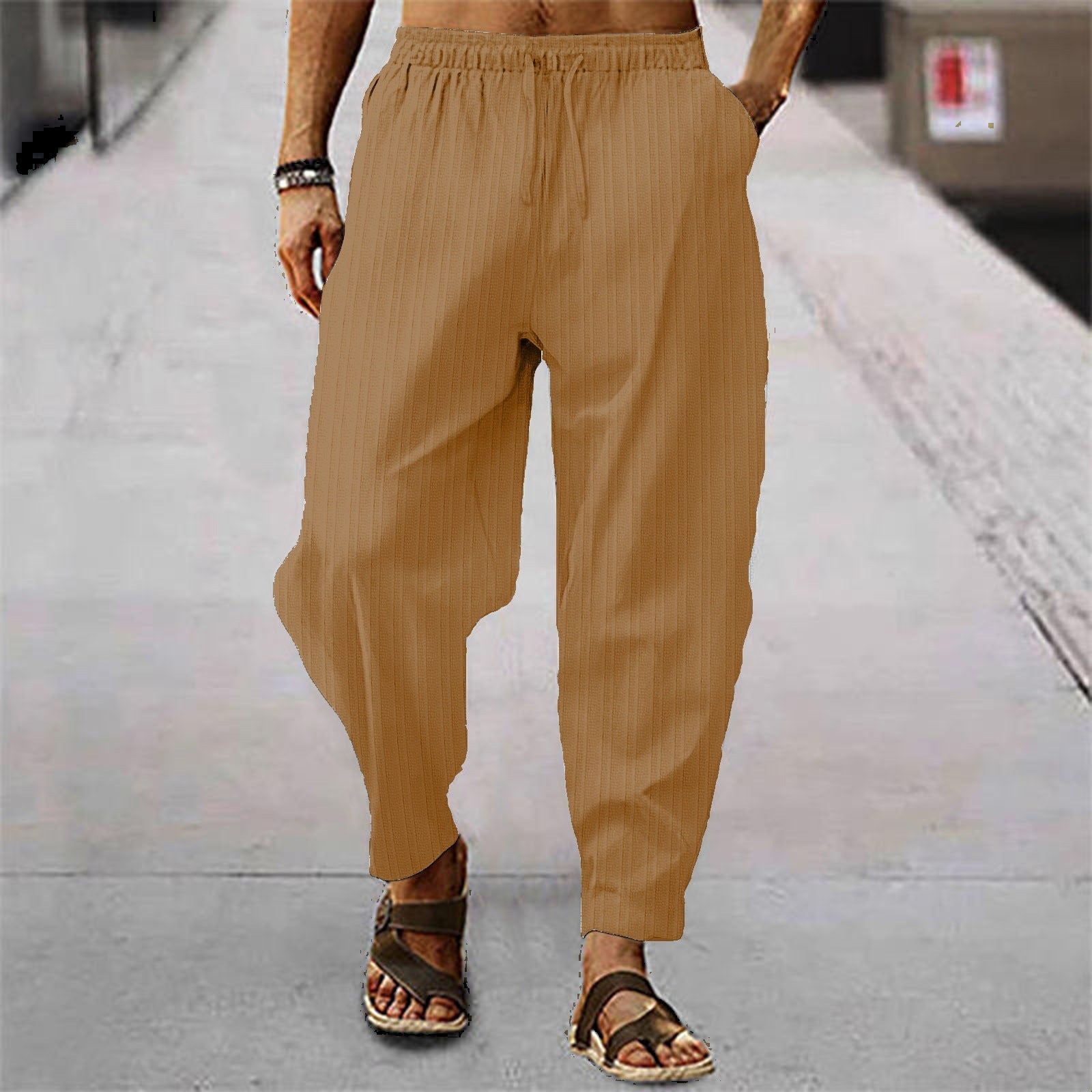 Cotton And Linen Stripes Loose Leisure Sports Trousers